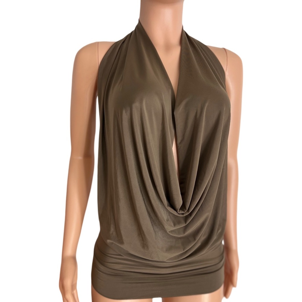 Chocolate BROWN Backless Drape Halter Cowl Plunging Neckline Handmade In USA